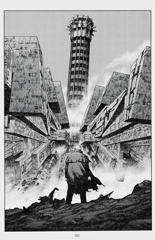 Black and white manga drawing of a man in a tattered coat standing on a rocky ridge, looking out over a vast, dystopian cityscape. Massive, geometrically patterned buildings frame a central path leading toward a tall, cylindrical tower that rises through the mist in the distance.