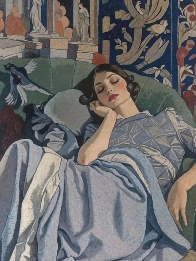 Painting of a sleeping woman with dark hair on a green sofa, draped in a patterned blue gown, with a bird in flight and an ornate tapestry in the background.