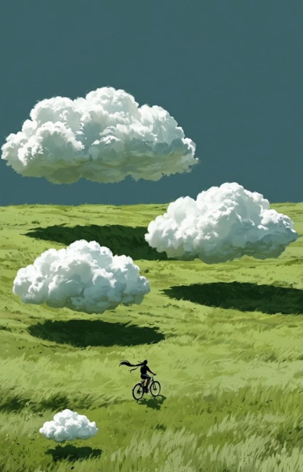 Painting of a person riding a bicycle through a vast, rolling green field where large, fluffy white clouds float low to the ground, casting dark shadows.