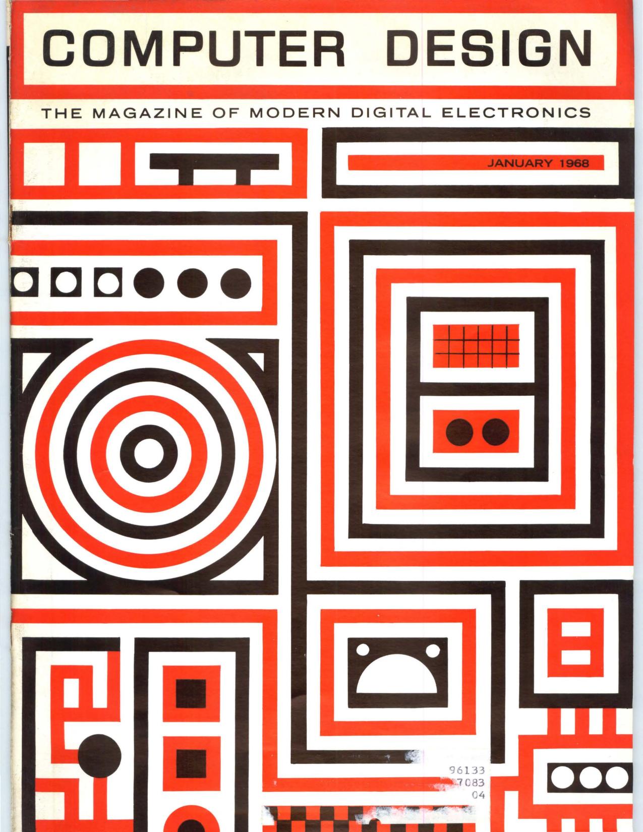 January 1968 cover of Computer Design magazine, subtitled 'The Magazine of Modern Digital Electronics.' The cover features a bold, abstract geometric pattern in red, black, and white, reminiscent of stylized computer circuitry.