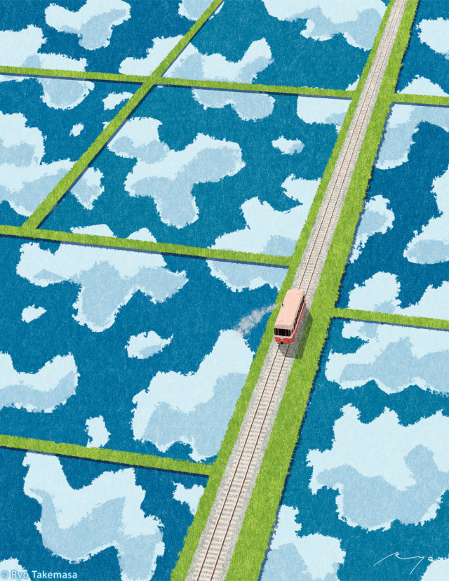 An aerial illustration of a small train traveling along a track through gridded, flooded rice fields that reflect a bright blue sky and white clouds.