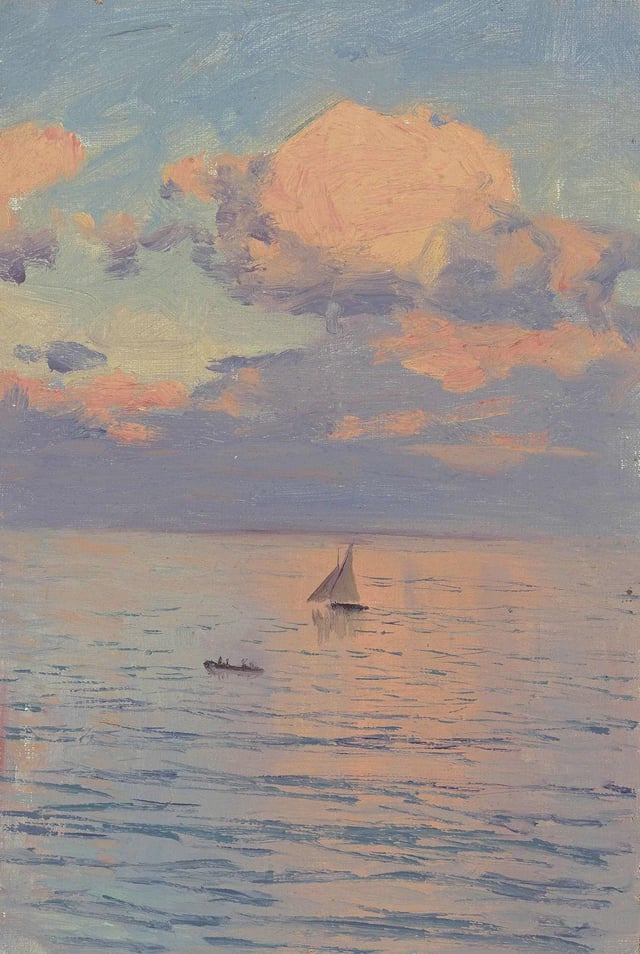 An impressionist oil painting of a sailboat and a small rowing boat on a calm sea at sunset. Soft pink and purple clouds fill the sky, their colors reflected in the gentle ripples of the water.