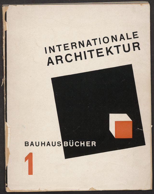 A Bauhaus-style book cover for "Internationale Architektur" featuring a tilted black square with a small orange and white cube inside, the text "Bauhaus Bücher", and a large orange number 1 on an off-white background.