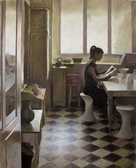 Impressionistic painting of a woman with a ponytail sitting at a white table and reading a book in a sunlit room with a checkered floor.