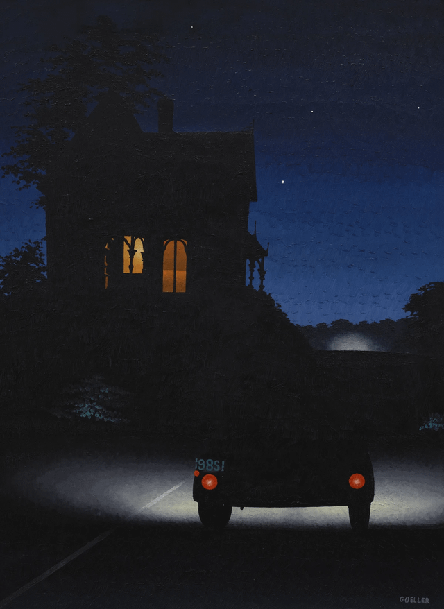 A nighttime painting of a vintage car with glowing red taillights parked on a road. Its headlights illuminate the ground ahead. On a hill above, a dark Victorian house features windows glowing with warm, orange light under a starry sky. Behind a hill, other headlights are approaching.