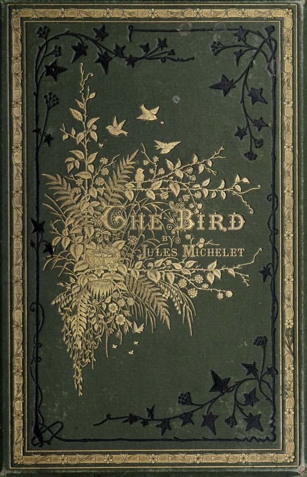 Dark green vintage book cover for 'The Bird' by Jules Michelet, featuring intricate gold-embossed illustrations of birds and plants, with black ivy accents and a gold border.