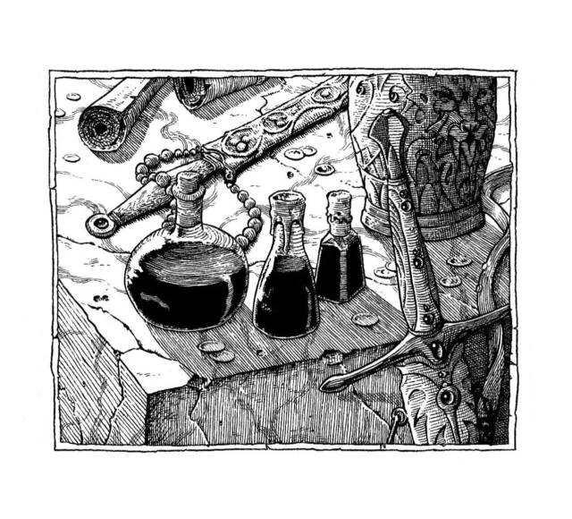 Detailed ink illustration of fantasy loot featuring potion bottles, a sword hilt, an ornate vase, and scattered coins on a cracked stone surface.