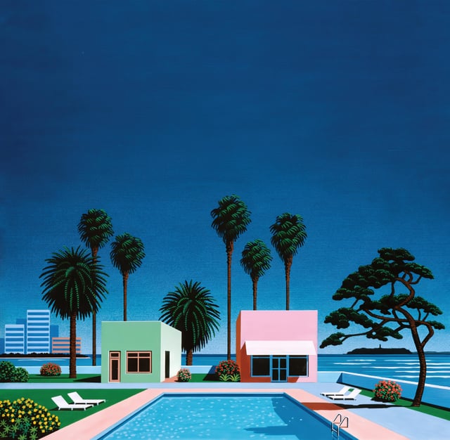 A vibrant graphic illustration of a tropical pool area featuring two small pastel buildings—one mint green and one pink—set against a deep blue sky. Tall palm trees and a gnarled pine tree frame the scene, with a blue ocean and a distant city skyline in the background. White lounge chairs sit on green grass beside the bright blue pool.