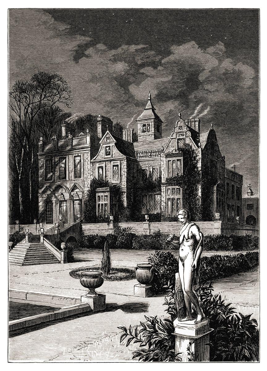 A detailed black and white engraving of a grand manor house at night. In the foreground, a classical statue stands in a formal garden with manicured hedges. The large, ivy-covered mansion features multiple gables and smoking chimneys under a dark, starry sky.