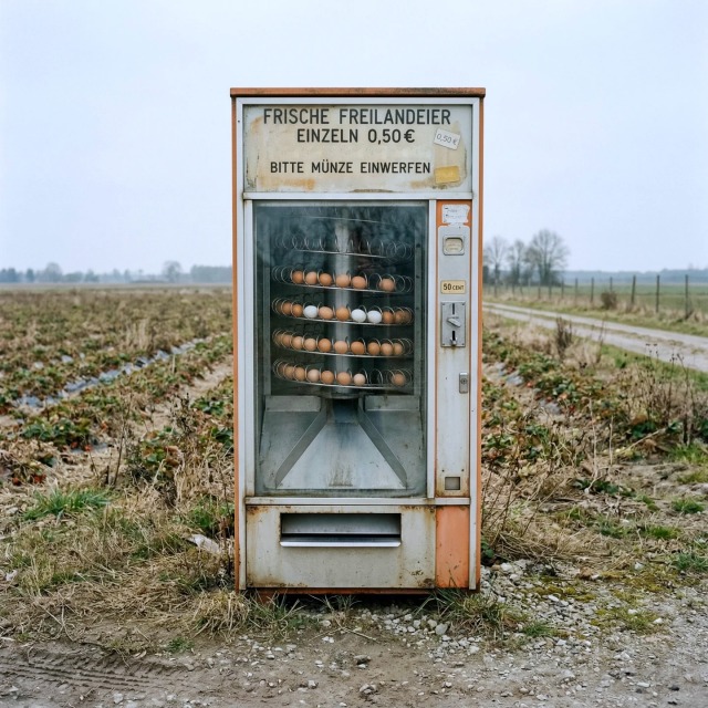 A weathered, vintage vending machine selling individual fresh eggs stands in an outdoor, rural field. The glass front reveals spirals loaded with brown and white eggs, beneath a German sign at the top that reads "Frische Freilandeier" (fresh free-range eggs) for 0.50€ each.