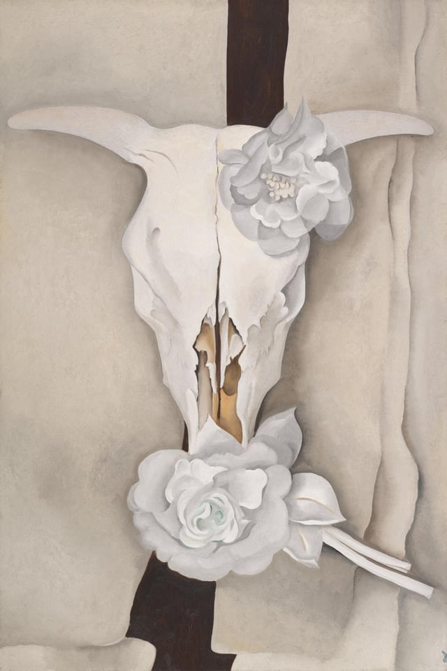 A painting of a bleached white cow skull adorned with two large white roses, set against a background of draped, neutral-toned fabric.