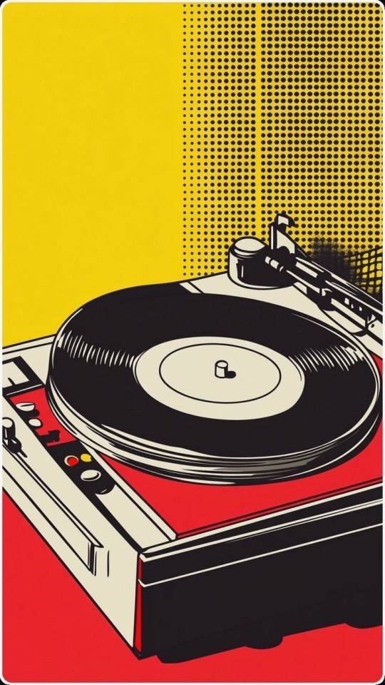 Pop art illustration of a vinyl record player with a black record on a red turntable, set against a bright yellow background with a black halftone dot pattern on the right.