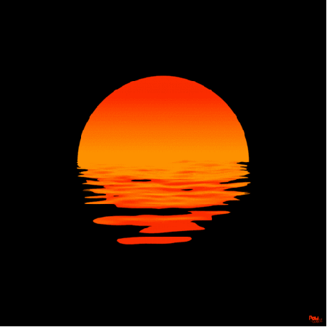 A minimalist digital illustration of a large orange and red sun setting against a solid black background, with its vibrant reflection rippling horizontally on the water below.