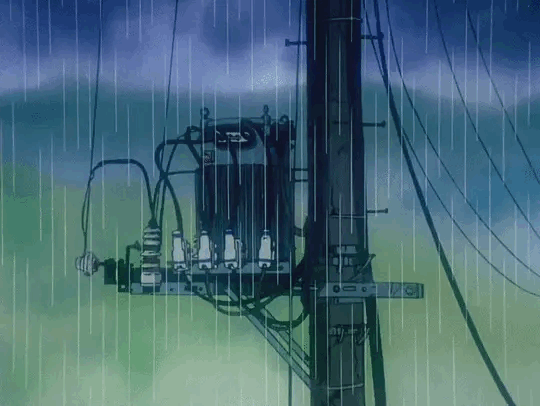 Anime-style utility pole and electrical transformer in heavy rain against a moody, dark background.