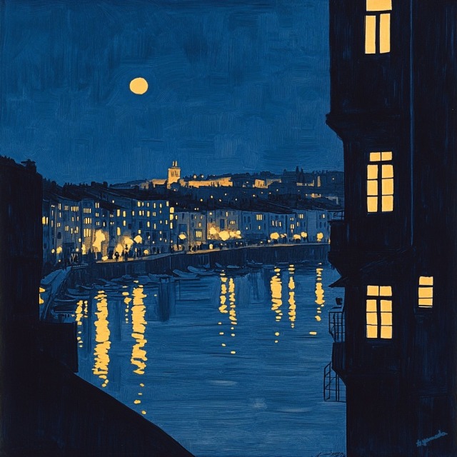 A painting of a waterfront city at night in deep blues and warm yellows. A full moon shines in the sky, and glowing lights from the buildings and streetlamps along the shore reflect on the calm water. A dark building silhouette with illuminated windows frames the right side.
