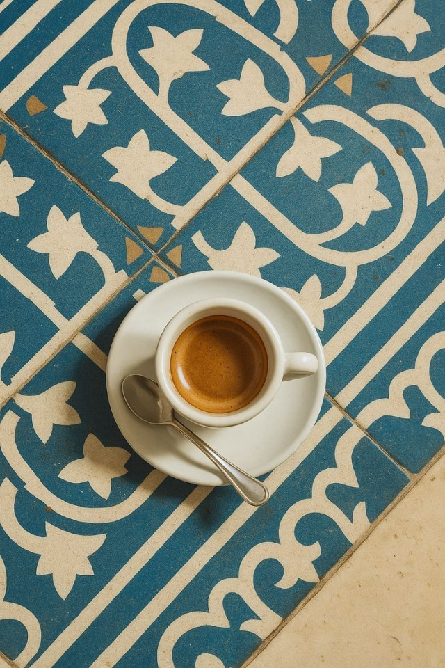 Top-down view of a cup of espresso with rich crema on a white saucer with a small spoon, set against a background of blue and white patterned tiles.