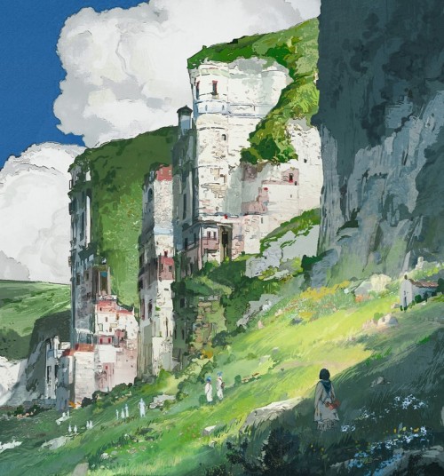 A digital painting of a traveler standing on a sunny, grassy hill looking towards towering white cliffs carved with stone buildings. Fluffy white clouds fill the bright blue sky above the lush green landscape.