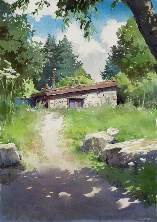 Watercolor painting of a low stone cabin with a wooden roof nestled in a lush green forest clearing. A dirt path leads toward the cabin, framed by shadows and tall trees under a bright blue sky.