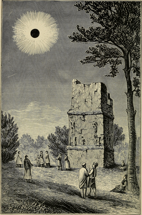 A vintage black-and-white engraving of a group of people gathered near a tall, ruined stone tower to observe a total solar eclipse shining in the sky.