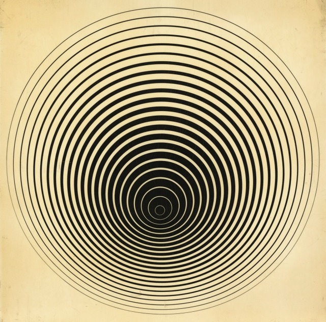 Concentric black circles of varying thickness on a cream background, offset towards the bottom to create a hypnotic, three-dimensional tunnel effect.