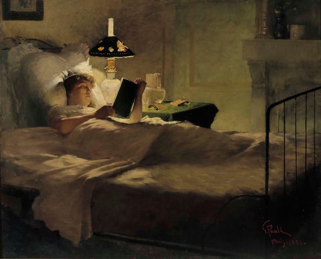Painting of a woman propped up on white pillows in bed, reading a book by the warm, direct light of a bedside oil lamp in a dimly lit room.