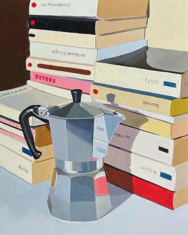 A still life painting of a classic silver moka pot standing in front of overlapping stacks of paperback books with French titles.