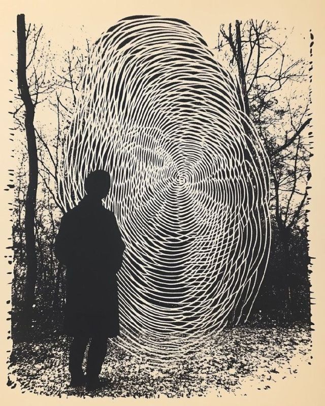 A black silhouette of a person standing in a forest, facing a large oval vortex of swirling white lines that resemble a giant fingerprint.