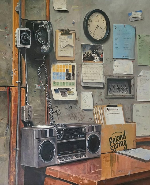 Realist painting of a cluttered, vintage workspace. A silver boombox and a yellow "Poland Spring" box containing clipboards sit on a wooden desk. The grey wall behind is covered with pinned papers, a calendar, a round analog clock, and a black rotary telephone with a long coiled cord.