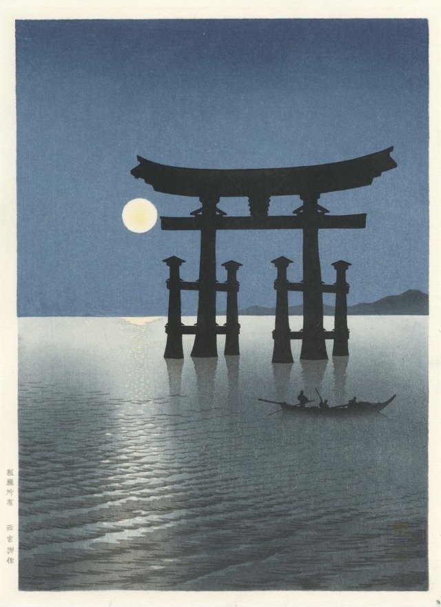 A Japanese woodblock print depicting the giant torii gate of Miyajima silhouetted against a deep blue night sky. A bright full moon casts a shimmering reflection on the calm water, where a small boat with silhouetted figures rows nearby.