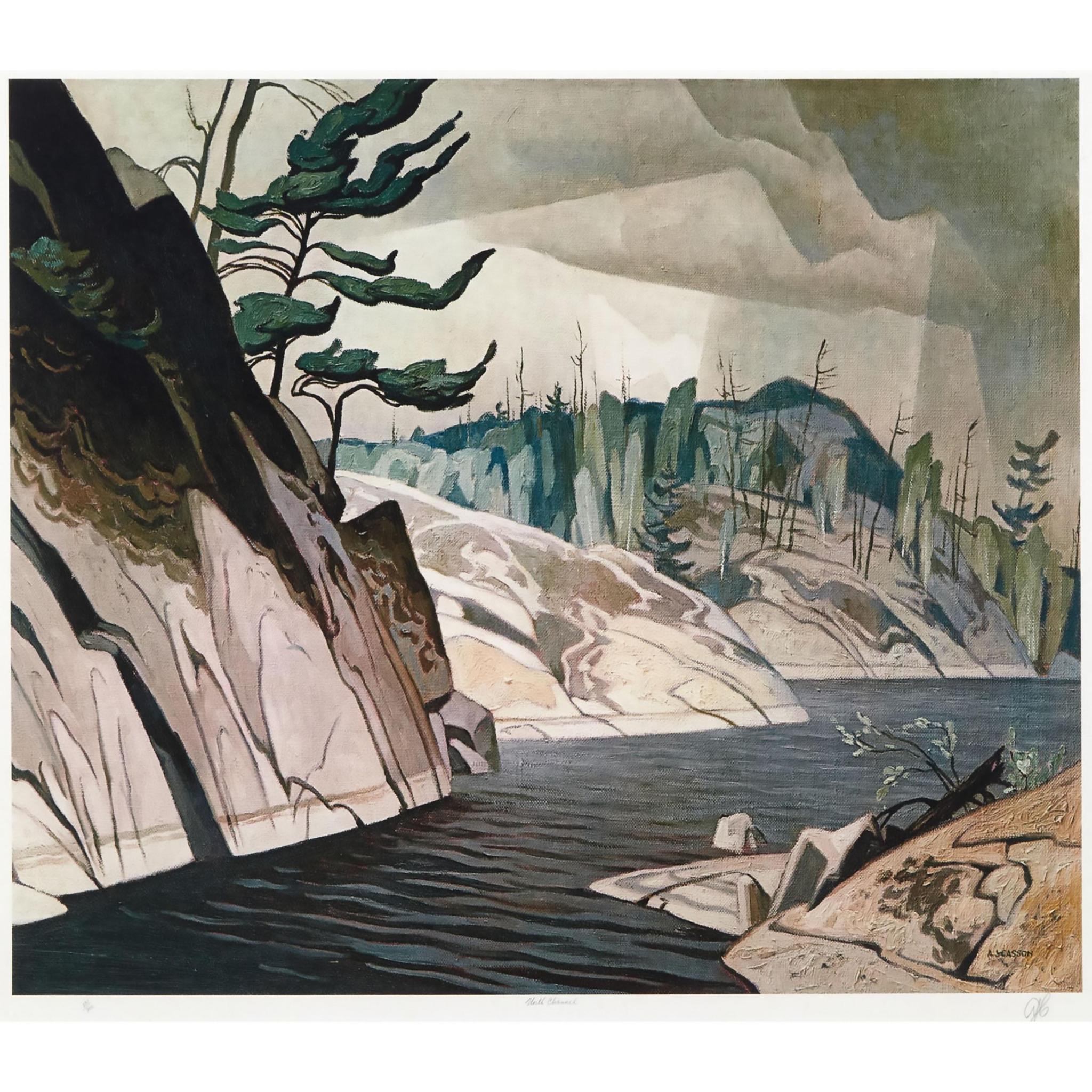 A stylized landscape painting of a northern water channel winding between smooth, rocky shores. A steep cliff with a windswept pine tree stands on the left, while the background features green forests and bare trees covering rolling hills under a moody, grey-shaded sky.