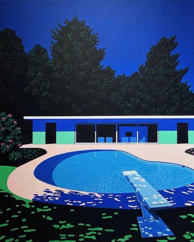 A graphic, stylized painting of a mid-century modern house with a curved swimming pool. In the foreground, a blue diving board extends over the pool. Behind the pool sits a flat-roofed house with large glass windows, flanked by dark green trees against a vibrant, deep blue sky.
