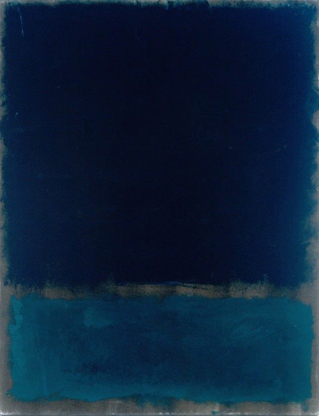 An abstract color field painting featuring two soft-edged rectangular blocks: a large, deep navy blue rectangle on top and a smaller, dark teal rectangle below, set against a muted gray background.