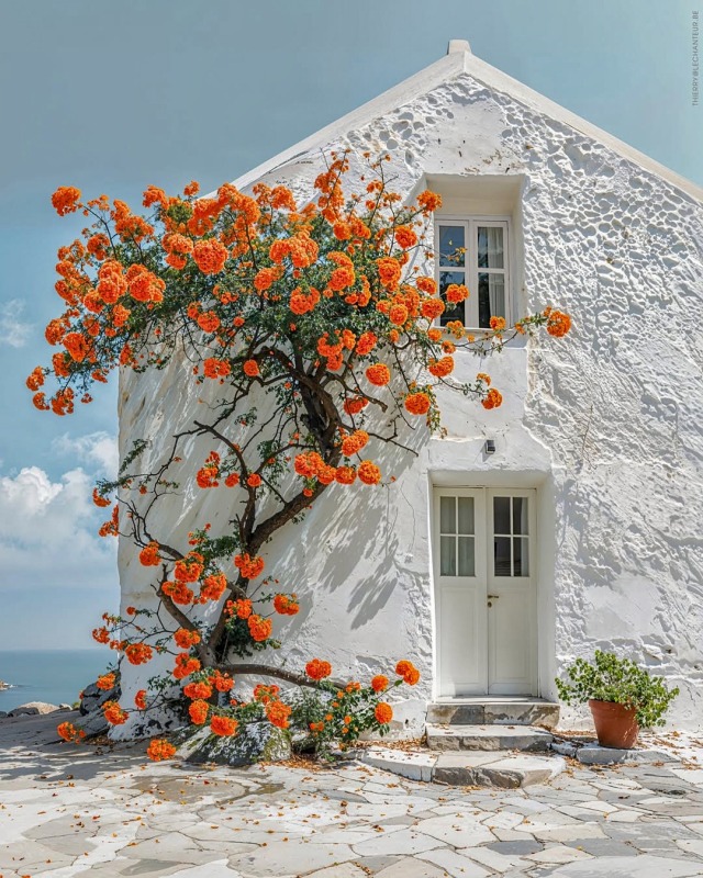A white-washed, Mediterranean-style house featuring a vibrant orange flowering vine climbing up its textured exterior wall next to a white wooden door and window.