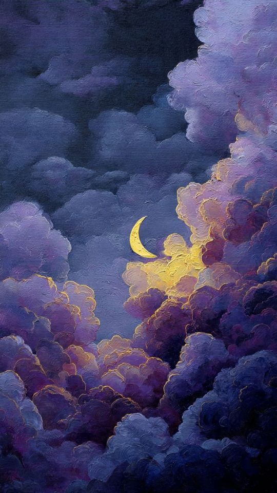 A textured oil painting of a glowing golden crescent moon peeking through dramatic, fluffy purple clouds illuminated with warm light.