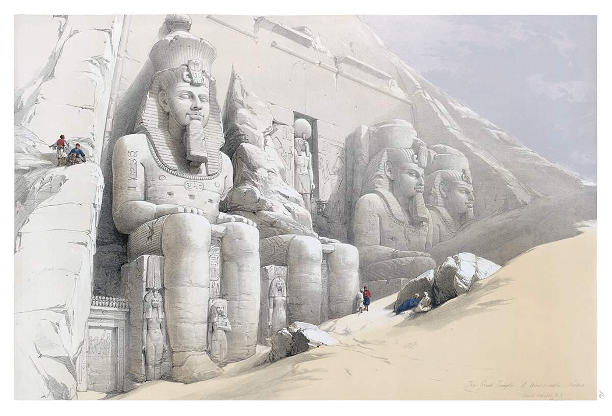 A 19th-century lithograph illustration depicting the Great Temple of Abu Simbel, featuring massive ancient Egyptian statues carved into a rocky cliff face, partially buried in desert sand dunes with tiny human figures standing nearby to demonstrate scale.