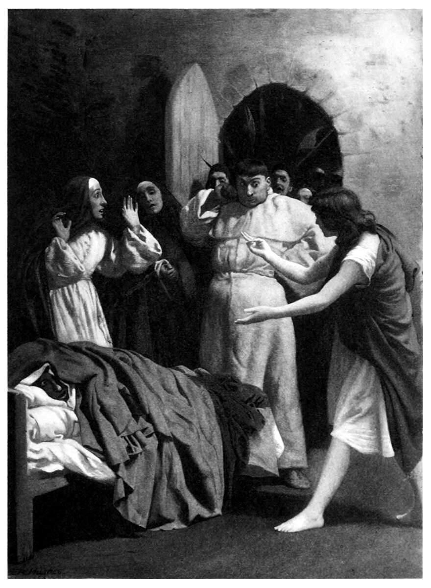 A dramatic black-and-white artwork depicting startled nuns and monks gathered in a stone room. On the left, a shocked nun in white robes raises her hands near a bed where a figure lies tucked under blankets. In the center, a wide-eyed monk stands alarmed, while a barefoot person on the right steps forward with outstretched arms.