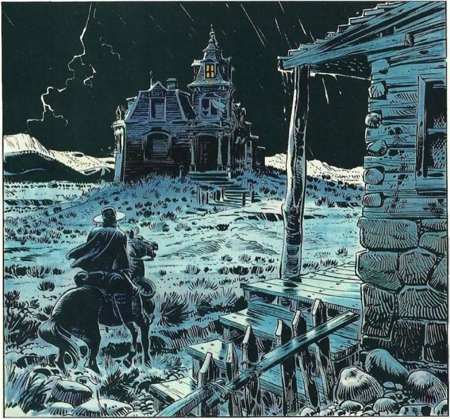 Comic book illustration of a cloaked lone rider on horseback approaching an eerie, dark Victorian mansion on a hill during a stormy night. Lightning flashes across the black sky as rain falls, and a single high tower window of the mansion glows with yellow light. A rustic wooden porch frames the scene on the right foreground.
