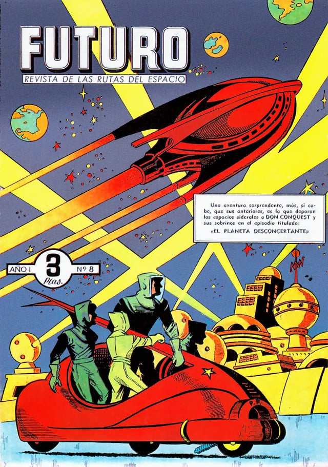 Vintage sci-fi comic book cover titled "FUTURO" featuring a sleek, red retro spaceship soaring through a starry sky with crisscrossing yellow light beams. Below, several figures wearing hooded spacesuits ride in an open red vehicle against a backdrop of a futuristic city.