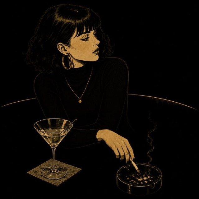 A retro illustration in sepia tones depicting a woman with a dark bob haircut and bangs, wearing a black top, large gold hoop earrings, and a necklace. She sits at a dark table with a martini on her left while holding a lit cigarette over an ashtray on her right.