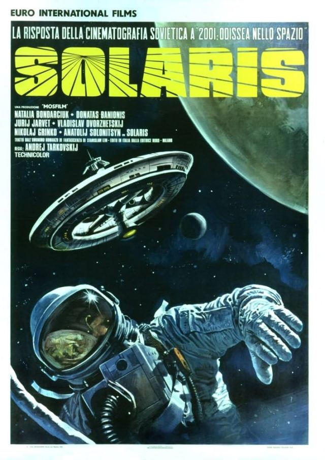 Italian movie poster for the film Solaris. In deep space, an astronaut in a white spacesuit floats in the foreground, reaching toward the viewer. In the background, a disc-shaped space station and distant planets orbit against the darkness of space. The bold yellow title "SOLARIS" is prominently displayed at the top above the film's credits.