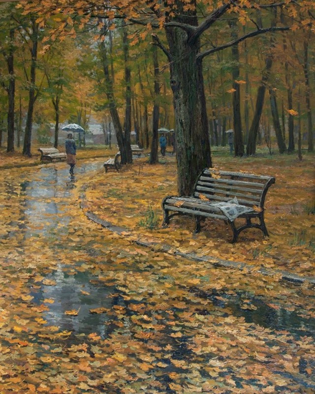 An oil painting of a rainy autumn park filled with fallen golden leaves covering the ground and wet pathway. In the foreground, an empty wooden bench with an open newspaper sits beside a large tree trunk near reflective puddles, while a lone figure walks in the distance carrying an umbrella beneath the tall trees.