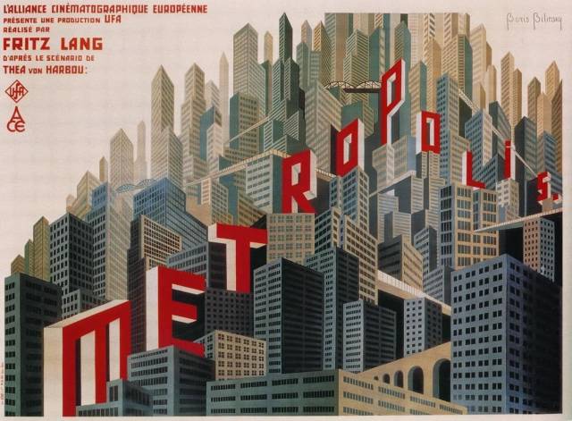 Vintage French movie poster for Fritz Lang's Metropolis, featuring a dense, towering cityscape of geometric skyscrapers and elevated highways. Giant, 3D red block letters spelling METROPOLIS are seamlessly integrated among the buildings, rising diagonally across the skyline.