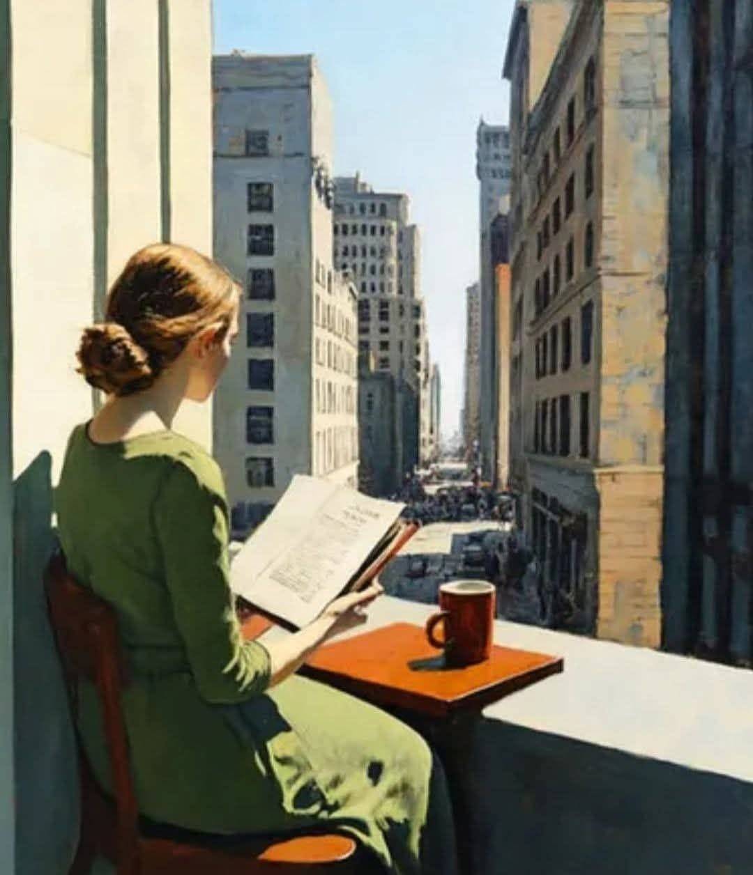 A woman in a green dress sits on a chair by an open high-rise window, reading a book. A red mug sits on a small wooden ledge beside her, overlooking a sunlit city avenue lined with towering buildings.